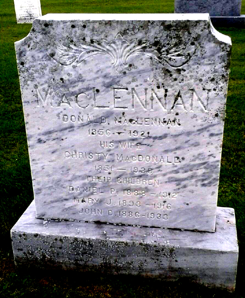 Photo of headstones/Donald MacLennan 1856-1921 hdstn Hartsville cem PEI